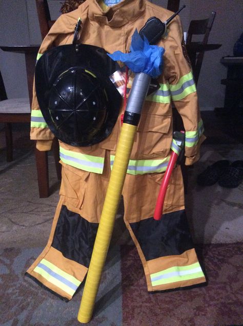 Diy Firefighter Costume Kids, Firetruck Diy Costume, Fire Truck Stroller Costume, Diy Fireman Costume Kids, Toddler Fireman Costume, Firefighter Costume, Costume For Kids, Fire Hose, Pool Noodles