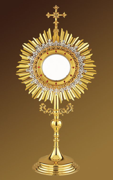 A traditional Roman monstrance for 5 3/4" hosts. Multiple layers of open filigree and rays, gold and silver-plated. Red crystal stones. Gold-rimmed glass luna. 36"Ht. Case included. Handmade in Poland. Special Order Only. 4 Inch, Clock, Jesus, White