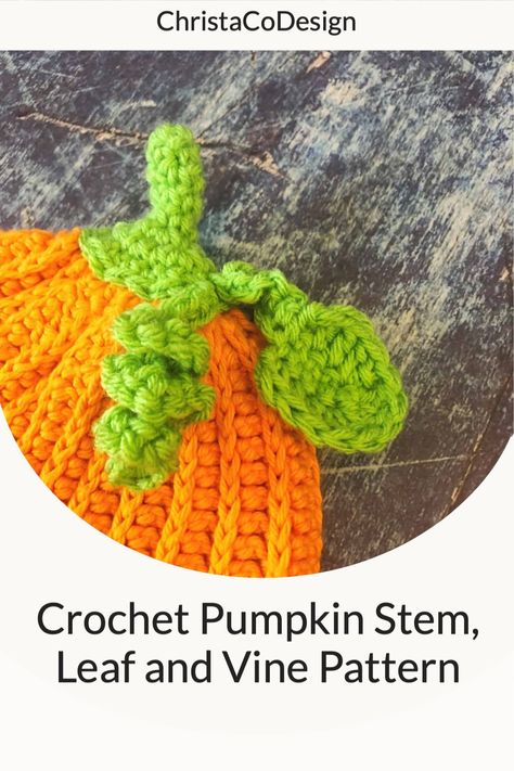 Adding a crochet stem to a pumpkin, complete with curlicue vine and leaf is an easy way to crochet your own fall themed home decor.This crochet leaf, stem and vine pattern work as a topper to an orange crochet beanie for a pumpkin hat too. Crochet Pumpkin Stem And Leaves, Crochet Pumpkin Stem, Crochet Vines, Pumpkin Hats, Pumpkin Hat Pattern, Crochet Pumpkin Hat, Easy Crochet Hat Patterns, Crochet Pumpkins, Crochet Leaf