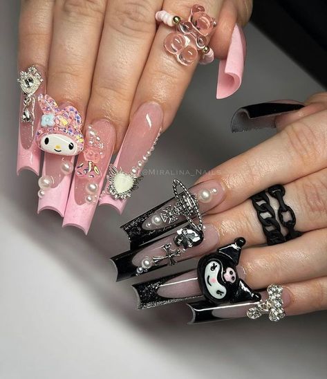 Sanrio Themed Nails, Sanrio Acrylic Nails, Contrast Nails, Xl Long Acrylic Nails, Hello Kitty Nail Designs, Sanrio Nails, Paznokcie Hello Kitty, Hello Kitty Nails Art, Junk Nails