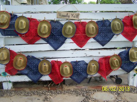 Hats and Bandanas doubled as favors and decorations Cowgirl Birthday Party Ideas, Sheriff Callie Birthday Party, Sheriff Callie Birthday, Rodeo Birthday Party, Rodeo Birthday Parties, Cowboy Theme Party, Wild West Party, Western Birthday Party, Rodeo Party