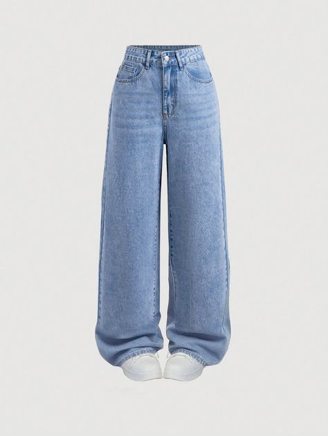 Women's Loose-Fit Casual Straight-Leg Jeans With Pockets Medium Wash Casual   Denim Plain Wide Leg Non-Stretch  Women Clothing, size features are:Bust: ,Length: ,Sleeve Length: Outfit For Jeans For Women, Cute Pants Jeans, Loose Straight Leg Jeans Outfits, Over Sized Jeans, Light Wash Baggy Jeans, Jeans From Shein, Jean Azul, Plain Jeans, Wide Leg Pants Jeans