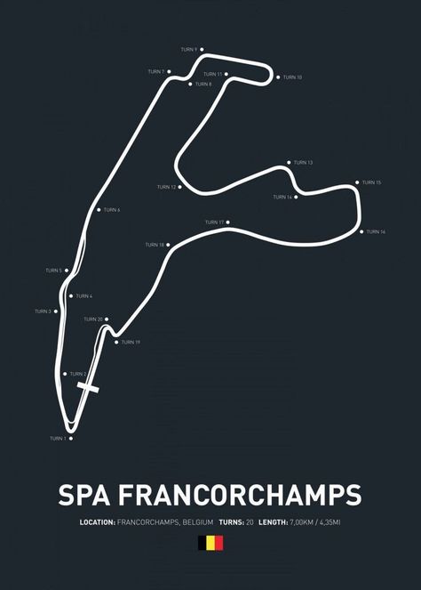 Spa F1 Circuit, F1 Tracks, Belgium Grand Prix, F1 Race Car, Scalextric Track, F1 Circuit, Cars Poster, College Poster, Grand Prix Posters