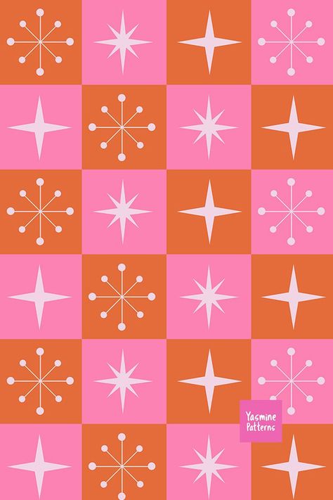 Checkered Retro Starbursts pattern on orange and pink squares Mid Century Modern Christmas, Japanese Graphic, Mid Century Modern Patterns, Geometric Pattern Design, Art Deco Posters, Japanese Graphic Design, Checkerboard Pattern, Mid Century Modern Art, The 1920s