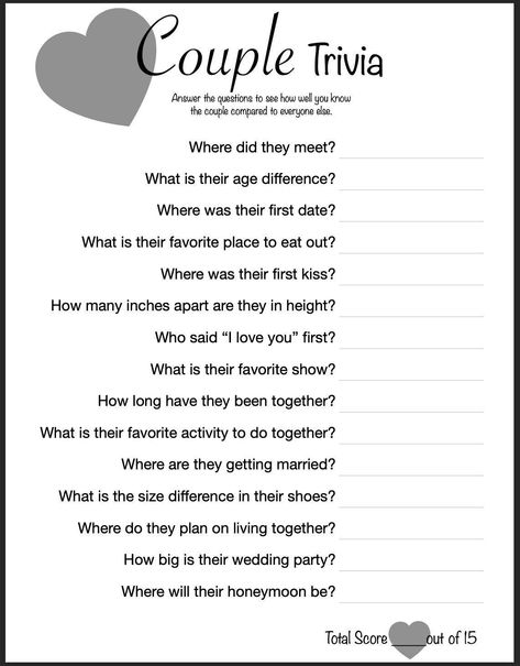 "Couple Trivia is a game is the perfect game for a bridal shower. Couple Trivia has 15 questions about the Bride and Groom. Have everyone answer the questions and then compare to see who got the most questions correct. Print it on white paper or print it on your own themed paper. Simple design that goes with anything. For more games like this visit my store PrintablesbyCaytee This is a digital download that you are able to print at your convenience.  How to Download your Digital File from Printa Engagement Party Trivia Questions, Bridal Trivia Questions, Jeapordy Game Questions For Adults, Bride And Groom Shower Games, Newly Wed Game Questions Hilarious, Trivia Questions For Couples, This Or That For Couples, Engagement Games Ideas, 21 Questions Game For Couples