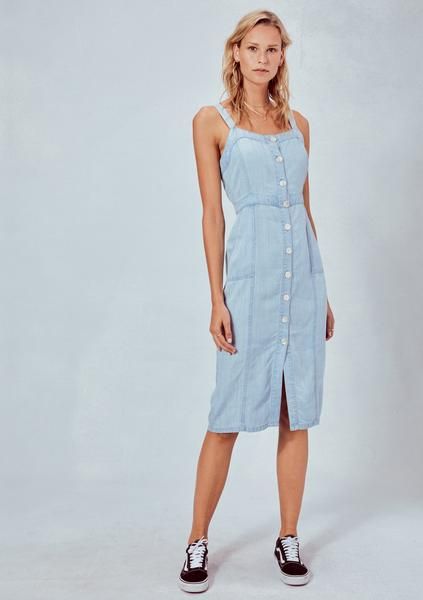 Celine Dress Denim Pinafore Dress Outfit, Pinafore Dress Outfit, Midi Pinafore Dress, Button Down Denim Dress, Celine Dress, Denim Pinafore Dress, Tencel Denim, Midi Tank Dress, Brunch Date