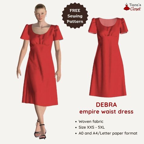 Debra empire waist dress – Free PDF sewing pattern – Tiana's Closet Paper To Print, Empire Waist Dress Pattern, Longer Legs, Sewing Elastic, Dress Patterns Free, Save The Earth, Free Pdf Sewing Patterns, Sweetheart Dress, Block Dress