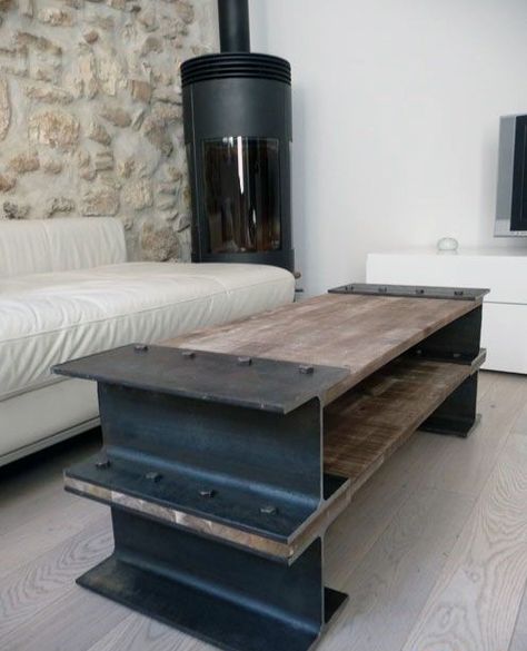 Diy Steel Beam With Wood Man Cave Furniture Table Male Interior Design, Meja Industrial, Man Cave Furniture, Industrial Design Furniture, Industrial Table, Cool Ideas, Steel Furniture, Metal Furniture, Rustic Modern