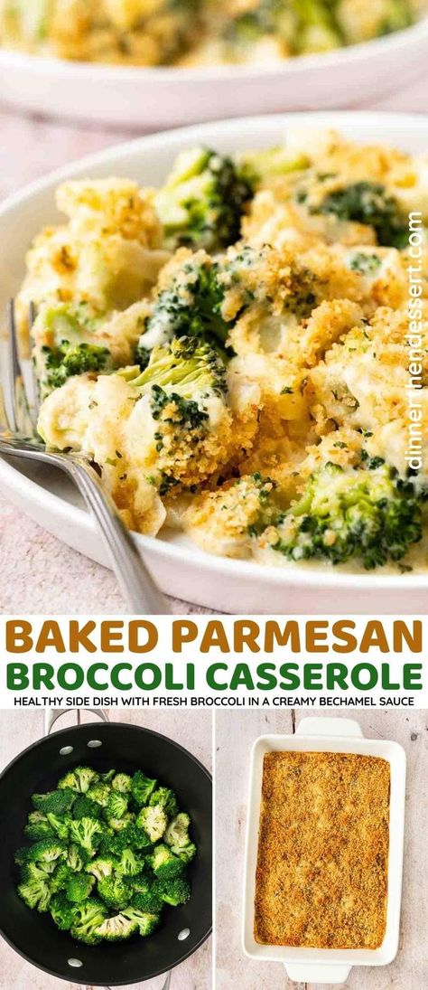 Baked Parmesan Broccoli Casserole is fresh broccoli in a yummy garlic parmesan cream sauce and a crispy breadcrumb topping! Brocolli Parmesan Bake, Broccoli Cauliflower Parmesan Bake, Thanksgiving Recipes Broccoli, Parmesan Crusted Broccoli, Chicken Broccoli Parmesan, Cauliflower Meals, Parmesan Broccoli Recipes, Garlic Parmesan Cream Sauce, Best Broccoli Recipe