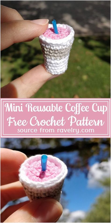 Crochet Cup Keychain, Coffee Amigurumi Free Pattern, Crochet Coffee Cup Keychain, Crochet Coffee Cup Amigurumi, Crochet Mini Food, Crochet Mini Projects, Free Crochet Cup Cozy, Easy Crochet Butterfly, Crocheted Keychains