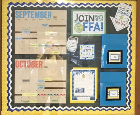 FFA Recruitment Bulletin Board-  can place papers to be picked up in the blue folders. Ffa Bulliten Board, Ag Teacher Bulletin Boards, Ffa Recruitment Ideas, Ag Bulletin Boards, Ffa Officer Retreat, Ffa Board Ideas, Fbla Bulletin Board, Ag Classroom Bulletin Boards, Agriculture Bulletin Board Ideas