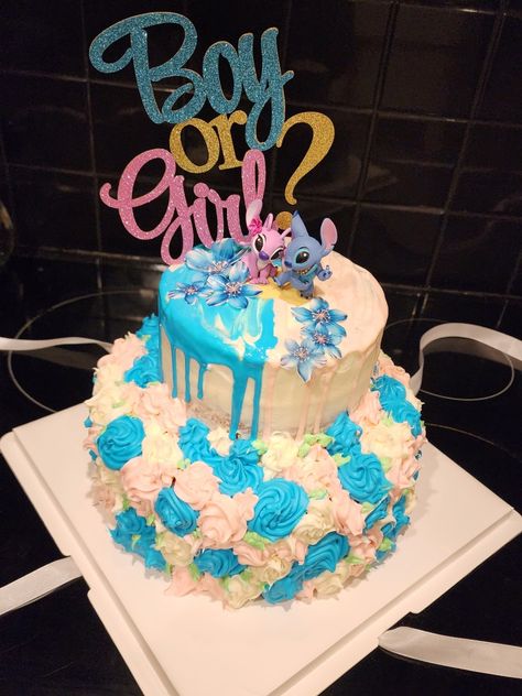 Gender Reveal Themes Disney, Gender Reveal Stitch, Stitch And Angel Gender Reveal, Angel Gender Reveal, Angel Gender, Disney Gender Reveal, Disney Frozen Cake, Baby Blocks Baby Shower