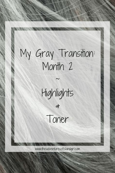 My Gray Transition: Month Two ~ Highlights and Toner Going Grey Transition, Gray Transition, Silver Hair Highlights, Going Gray Gracefully, Grey Hair Care, Grey Hair Transformation, Grey Highlights, Hair Toner, Gray Hair Growing Out