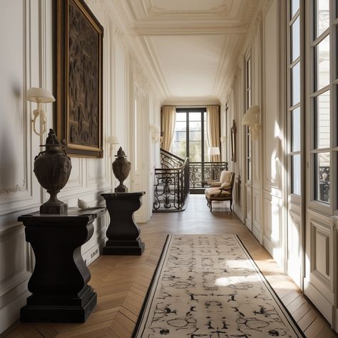 32 Stunning Examples of French Parisian Hallway Decor (with detailed hallway panelling inspiration) Panelling Inspiration, Parisian Hallway, French Hallway, Hallway Panelling, Living Room Art Deco, Living Room Design Styles, Living Room And Kitchen Design, English Farmhouse, French Aesthetic