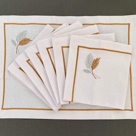 Square Placemats, Fall Napkins, William Sonoma, Embroidered Leaves, Embroidered Napkins, Napkin Design, White Cloth, Cloth Napkin, Elegant Sets