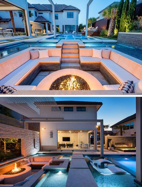 A Sunken Lounge, A Cantilevered Deck, And A Spa With A Fireplace Help Give This Pool A Luxurious Resort-Like Feeling Cantilevered Deck, Modern Swimming Pool, Sunken Lounge, Moderne Pools, Luxurious Resort, Luxury Swimming Pools, Pool Cabana, Luxury Pools, Backyard Pool Landscaping