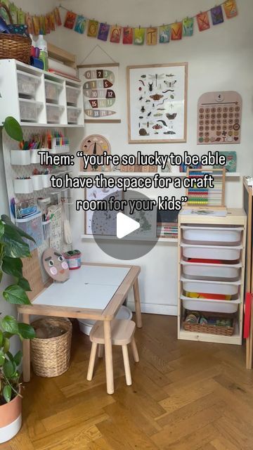 Chantelle on Instagram: "Yes I’m absolutely fortunate to be able to create a space for my children to learn and be creative but did you know that this space I often share on here is actually a very small corner in our kitchen. It was a temporary fix as we didn’t have the funds to do what we wanted to do (built in fridge/freezer, double oven and open pantry) so I created this little corner. It’s great because the clean up is quick and easy with it being so close to the kitchen and my boys just love to be on here as the kitchen/ dining area is out r most loved in part of the home.   Would you find a corner in your home to create a space they can craft?  #craftcorner #kidscrafts #kidscraftideas #kidscraftcorner #smallspaces #makingthemostofasmallhome #educationalprints #ikeacraftstorage #ikea Kids Craft Area Art Corner, Craft Corner For Kids, Kids Learning Corner At Home, Art Corner For Kids, Small Playroom Ideas Space Saving, Kids Art Corner, Ikea Craft Storage, Kids Craft Corner, Built In Fridge