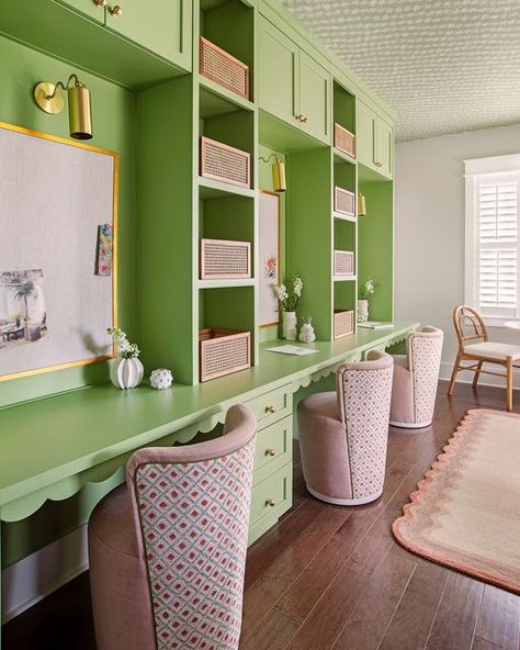 Megan Molten | Interiors + Shop on Instagram: "The Green Girls Study y’all loved 💚 We chose “Great Green” by @sherwinwilliams to give it the happy vibes we were going for. The desks were custom designed by us with the little scallop detail to coordinate with the sconces above~They are the perfect place for homework. The little tulip table is for crafts & games while the built in benches and corner chair are for reading. Another beautiful & thoughtful design I love so much and happy y’all love it too!   Photos @margaret.wright" Built In Benches, Megan Molten, Green Desk, Tulip Table, Green Girl, Built In Bench, Corner Chair, Happy Vibes, Shop Interiors