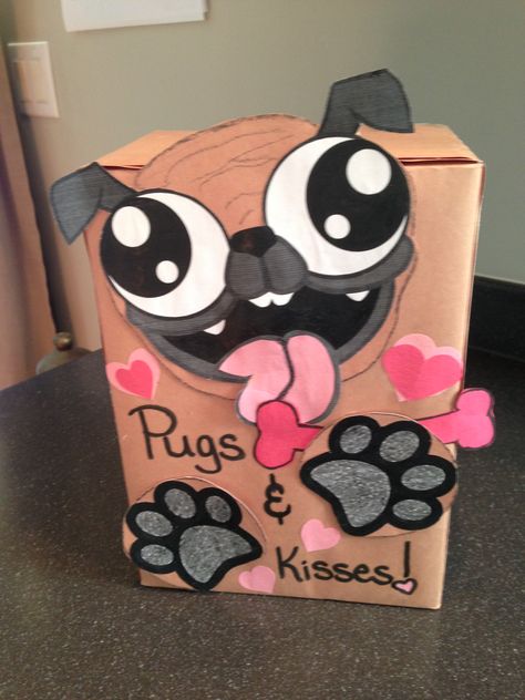 Pugs & Kisses Valentine's Day box Puppy Dog Valentines Boxes, Pug Valentine Box Ideas, Teddy Bear Valentine Box Ideas, Pug Valentines Boxes, Dog Valentines Boxes, Koala Valentines Boxes, Puppy Valentines Boxes, Valentines Scripture, Pug Valentine