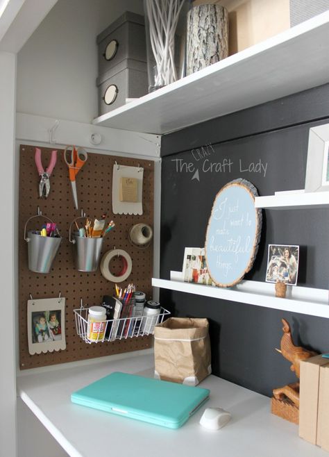 Peg board (but painted) floating shelves, lights on ceiling Craft Nook, Office Craft Space, Closet Desk, Peg Boards, Home Office Closet, Tiny Office, Closet Office, Craft Space, Office Nook