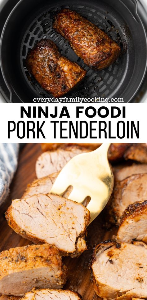 A juicy, flavorful pork dinner is just 20 minutes away! A slightly sweet dry rub is all you need to make Ninja Foodi pork tenderloin. Perfect for a protein packed busy weeknight! @iowapork [sponsored] Pork Tenderloin Recipes Ninja Foodi, Frozen Pork Tenderloin Air Fryer, Ninja Foodie Pork Tenderloin, Ninja Foodi Pork Loin Roast, Pork Tenderloin Ninja Foodi Grill, Pork Loin Recipes Ninja Foodi, Ninja Pork Tenderloin, Air Fryer Recipes Pork Tenderloin, Pork Loin In Ninja Foodi Grill