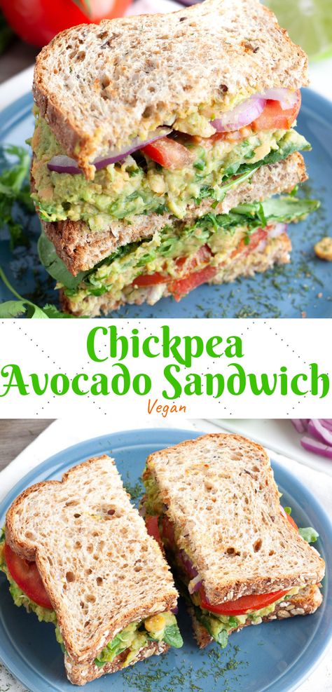 This vegan chickpea and avocado sandwich is packed with protein and full of cilantro, celery, basil, green onion, lime and more! The perfect lunch recipe! #chickpeaavocadosandwich #veganchickpeasalad #veganchickpeaavocadosandwich #vegansandwich #veganavocadosandwich Avocado Sandwich Vegan, Chickpea And Avocado, Burrito Vegan, Deserturi Raw Vegan, Chickpea Avocado, Vegan Chickpea, Avocado Sandwich, Fodmap Friendly, Resep Diet