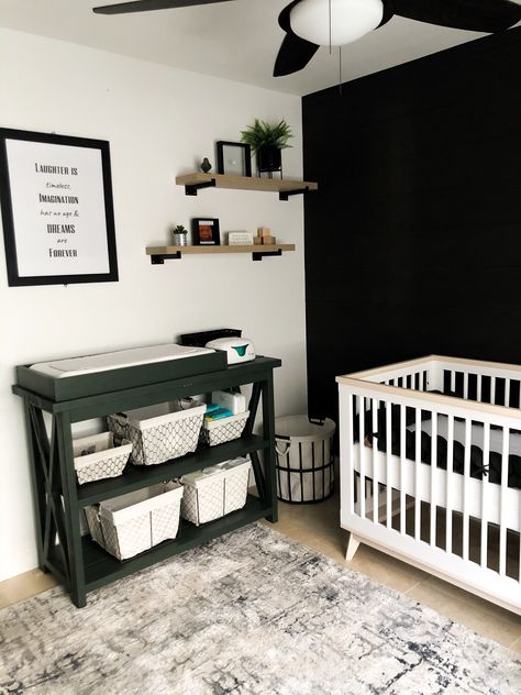 Black And White Nursery Furniture, Olive Green And Black Nursery, Black White And Green Nursery, Green Black And White Nursery, Black And Green Nursery, Nursery Ideas Black And White, Green And Black Nursery, Black Nursery Ideas, Baby Nook