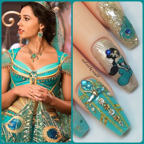 6.4.2019 Aladdin Jasmine nails Aladdin Nails Acrylic, Aladdin Nail Art, Jasmine Nails Disney, Aladin Nails, Princess Jasmine Nails, Elves Makeup, Aladdin Nails, Tv Nails, Aladin Disney