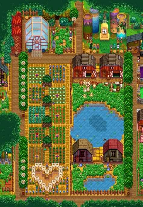 Stardew Valley Jumino Hut, Stardew Valley Build Ideas, Stardew Tree Farm, Stardew Valley Greenhouse, Stardew Ideas, Stardew Farm, Stardew Farms, Stardew Valley Layout, Stardew Valley Tips