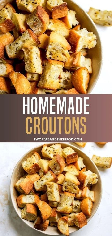 Learn how to make homemade croutons that are crunchy on the outside, slightly chewy on the inside, and SO much better than store bought croutons. Use in salads, soups, stuffing, and more! Homemade Croutons For French Onion Soup, Soup Sides Dishes Breads, Making Croutons From Bread, Diy Croutons From Bread, Croutons Homemade Oven, How To Make Croutons From Bread, Make Croutons From Bread, Home Made Croutons Recipe, Croutons From Bread