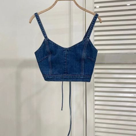 Korean Chic Summer Retro Sexy Denim Camisole Top Casual Bandage Tank Crop Fashion Y2k Corset Spaghetti Strap Streetwear Blouse 2023, Draping Ideas, Y2k Corset, Corset Fashion, Denim Crop Top, Summer Retro, Denim Blouse, Cropped Style, Strap Tops