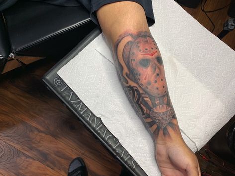 #jasontattoo #jasonmasktattoo #tattoos Jason Mask Tattoo, Behind The Neck Tattoos, Jason Tattoo, Adidas Logo Art, Mask Tattoo Design, Glow Tattoo, Black Men Tattoos, Jason Mask, Gangsta Tattoos