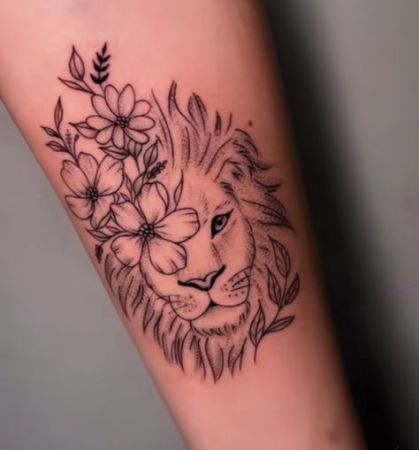 Ladies Lion Tattoo, Lion Flower Tattoo For Women, Leo Lion Tattoos For Women Arm, Lion Arm Tattoo Women, Lion And Flower Tattoo, Female Lion Tattoo For Women, Tattoo Ideas Female Lion, Half Lion Half Flower Tattoo, Remember Who You Are Tattoo