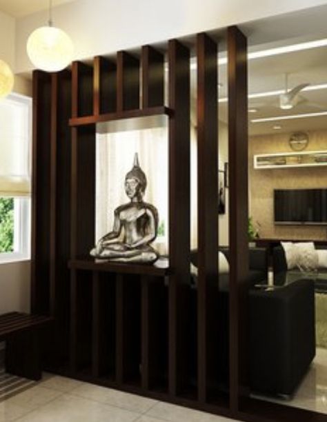 Wood Partition Wall Interior Design, Buddha Home Decor, Wood Partition, Wall Partition Design, Buddha Decor, Latest Living Room Designs, Wardrobe Door Designs, Puja Room, Living Room Partition