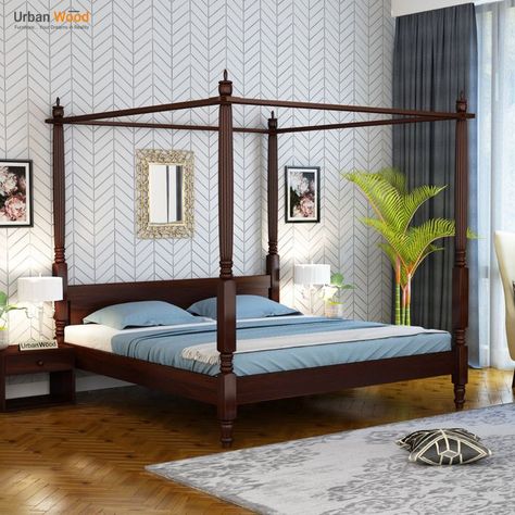 Rare Poster Bed Without Storage ( King Size, Walnut Finish ) Four Poster Canopy Bed, Four Poster Beds, 4 Poster Bed, Poster Beds, Beds Modern, Simple Bed Designs, 4 Poster Beds, Bed Interior, Wood Bed Design