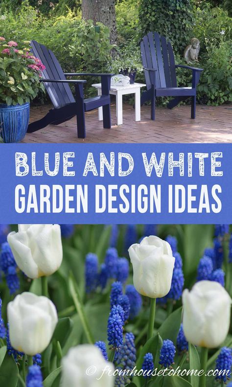 These blue and white garden design ideas are gorgeous! I really love the blue and white ginger jars used as garden decor in the yard. This is one of my favorite flower garden color schemes!  #fromhousetohome #gardening #gardenideas #blueandwhitegarden #gardendesign #perennialgarden Blue And White Outdoor Decor, White Garden Design, Garden Slope, Xeriscape Ideas, Blue And White Garden, Blue Flower Garden, Flowers Backyard, Blue Gardens, Ohio Garden