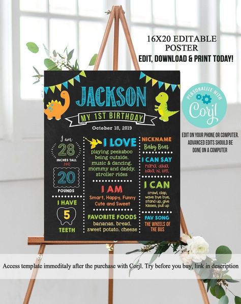 Celebrating Milestones: Creative First Birthday Sign Designs Chalkboard Template, First Birthday Board, Diy Dinosaur, First Birthday Milestone, Birthday Milestone Board, First Birthday Posters, First Birthday Chalkboard, Milestone Stickers, Dinosaur First Birthday