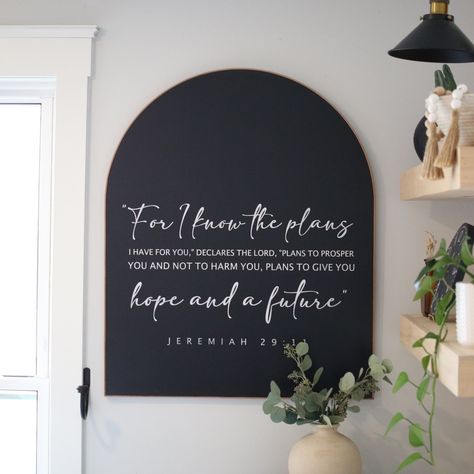 ~~ We do custom verses, please message us what scripture you would like, and we will send you a link to purchase through :) ~~ **Sign comes with verse (Psalm 118:24) ** You choose the sign color (Black, white, smokey beige) as well as the leather frame color (Black, Cognac (tan * Choose from 4 different sizes in the drop down menu: (16x20) (20x24) (24x30) (30x36) * Handmade wood sign * Constructed from treated 3/4" plywood * Sign is pictured in **Black paint/White lettering/Tan leather frame** * Wall Art Modern Farmhouse, 60th Birthday Party Decorations, Clock Craft, Arched Wall, Handmade Clocks, White Clocks, Handmade Wood Signs, Oversized Wall Clock, Scripture Wall