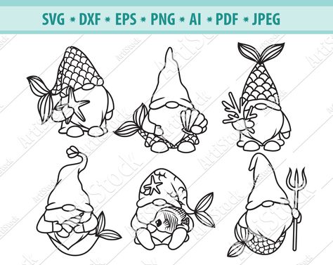 Mermaid Gnome, Fairytale Creatures, Mermaid Clipart, Cartoon Drawings Of Animals, Stencils For Wood Signs, Gnome Svg, Mermaid Svg, Beach Tattoo, Work Friends