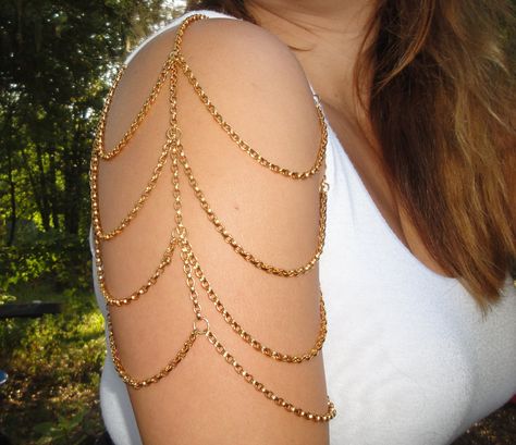 Chained Jane Sholder Chain Gold Tone Arm Jewelry. $50.00, via Etsy. Shoulder Chain Jewelry, Necklace String, Shoulder Jewelry, Shoulder Necklace, Exotic Jewelry, Arm Jewelry, Body Chains, Prom Jewelry, Shoulder Chain