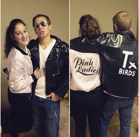 Pink Ladies & T-Bird Costume Pink Ladies And T Birds Costume, The Pink Ladies Costume, Pink Ladies Costume, Pink Lady Costume, Bird Costume, Couple Costumes, College Halloween, Group Costumes, Halloween Inspo