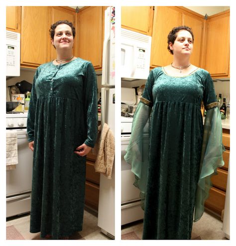 Thrift Store Ren Faire, Elvish Gown, Medieval Vbs, Elven Gown, Medieval Costume Diy, Arwen Costume, Medieval Dress Diy, Midevil Dress, Dark Fairies