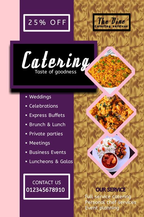 flyer for a brand offering Catering/food services Flyers For Food Business, Branding Services Poster, Catering Graphic Design, Catering Branding Design, Catering Services Poster, Catering Poster Design, Catering Business Names, Food Flyer Design Creative, Catering Services Flyer