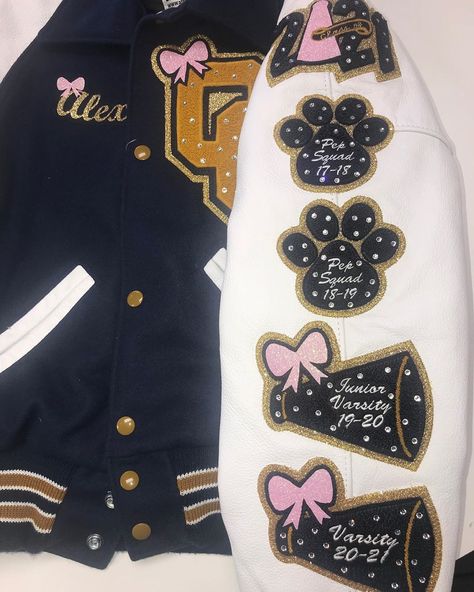 Melissa Bueno on Instagram: “🎀💎” Cheer Varsity Jackets, Cheer Jackets, Senior Yearbook Quotes, Custom Varsity Jackets, Senior Jackets, High School Cheer, Senior Night Gifts, Yearbook Quotes, Senior Photo Outfits