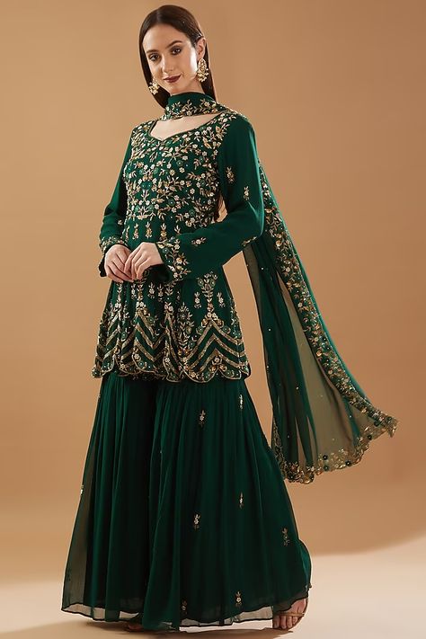 Bottle Green Georgette Sharara Set Design by Baidehi at Pernia's Pop Up Shop 2023 Mehndi Gharara, Green Gharara, Green Sharara, Georgette Sharara, Engagement Look, Sharara Designs, Kurta Sharara Set, Sharara Suits, Kurta Sharara