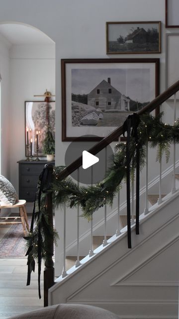 Patti Roberts on Instagram: "What’s your favorite Christmas movie? 
For me it’s 1. Home Alone 2. The Santa Claus 3. Elf. 
This year I went with black velvet ribbon on my staircase to match my black stained dresser in the back room. I added a wreath to my vintage shelf and I’m loving how it all came together! 
Last year when I posted my staircase, I got so many questions about the garland. These are old garland from Target but I’ve linked the most similar ones I could find and they are still in stock!! Get your garland while you can because last year garland couldn’t be found after Thanksgiving! I added a few dark preserved eucalyptus stems to this as well. They are also
Linked! 
Have a wonderful Friday friends! 
#foyerinspo #holidays #garland #christmas #staircasedesign #staircasegarland # Black Velvet Ribbon Christmas, Christmas Bannister Ideas, Have A Wonderful Friday, Stained Dresser, Home Alone 2, The Santa Claus, Eucalyptus Stems, Preserved Eucalyptus, Black Velvet Ribbon