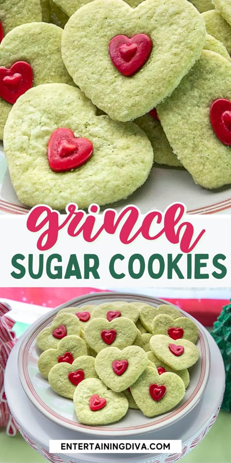 Green Grinch Heart Sugar Cookies (With A Gluten-Free Version) | Grinch Christmas Ideas Jello Shots Christmas, Halloween Cut Out Cookies, Green Christmas Cookies, Grinch Food, Christmas Lights Diy, Grinch Christmas Ideas, Christmas Turkey Recipes, Heart Sugar Cookies, Christmas Cookie Tray