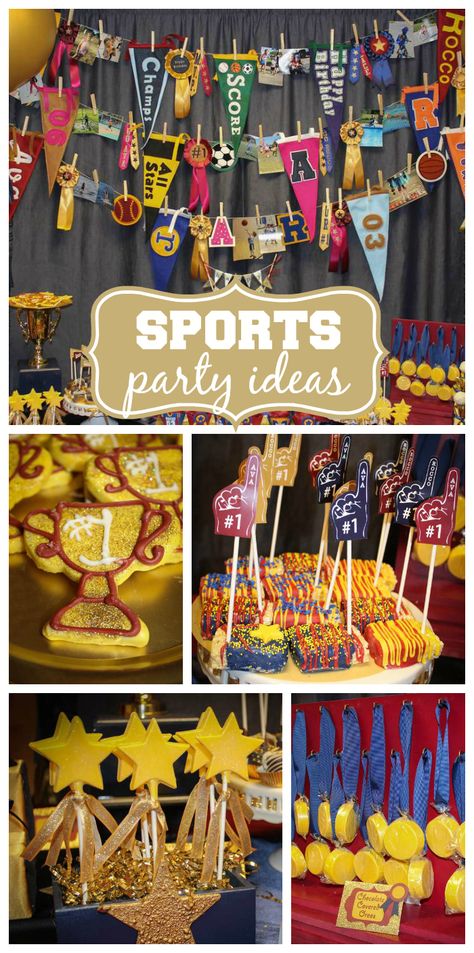 A Vintage All-Star Party for boys and girls with sports themed treats and decorations! See more party planning ideas at CatchMyParty.com! Sports Themed Retirement Party, Sport Party Decorations, Sport Decorations Ideas Party, Mvp Birthday Theme, Sports Theme Centerpiece Ideas, Sports Themed 40th Birthday Party Ideas, Sports Themed Treats, All Star Theme Party, Sports Bar Theme Party