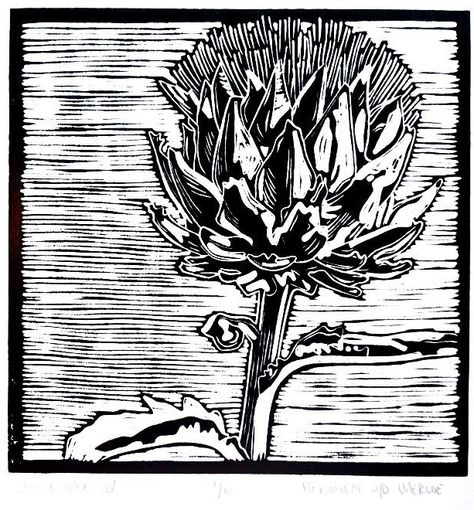 Artichoke Linotype IV: An artichoke is a beautiful plant and wholesome food. To get to the centre of the vegetable, the heart, all the outer leaves need to be torn away: Take away the useless parts.  This lets me think about a purifying process - to take away things that are unnecessary. God looks at our hearts. Linoleum Print, Linocut Printmaking, Lino Art, Lino Prints, Print Ideas, Fine Artist, Sgraffito, Natural Forms, Lino Print