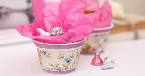 Save your yogurt cups & try these nifty ideas instead Yogurt Cup, Glitter Tape, Pencil Organizer, Candle Base, Spring Fun, Cup Crafts, Candle Cup, Yogurt Cups, Pink Yarn